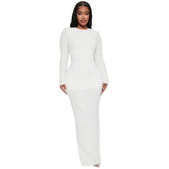 NWT Fashion Nova Bubble Textured Maxi Dress Womens L White Romantic Minimalist - Picture 1 of 5